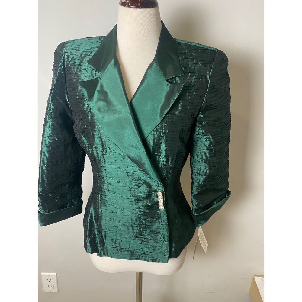 JS Collections Emerald Green Textured Satin Lapel Blazer Rhinestone Button Sz 6
